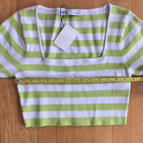 NEW Zara Large cropped square-neck green white stripes sweater - Picture 4 of 10